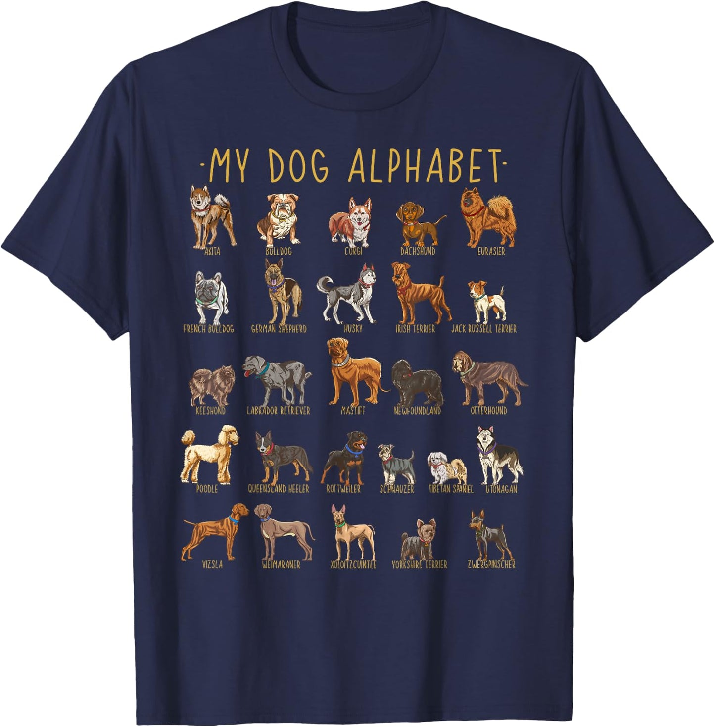 Types Of Dogs Alphabet - Dog Identification - A-Z ABC T-Shirt - T-Shirt | Navy