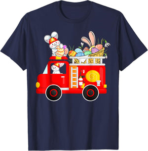 Bunny Riding Firetruck Easter Day Firefighter Happy Easter T-Shirt - T-Shirt | Navy