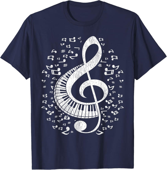 Musician Pianist Music Notes Keyboard Treble Clef Piano T-Shirt - T-Shirt | Navy