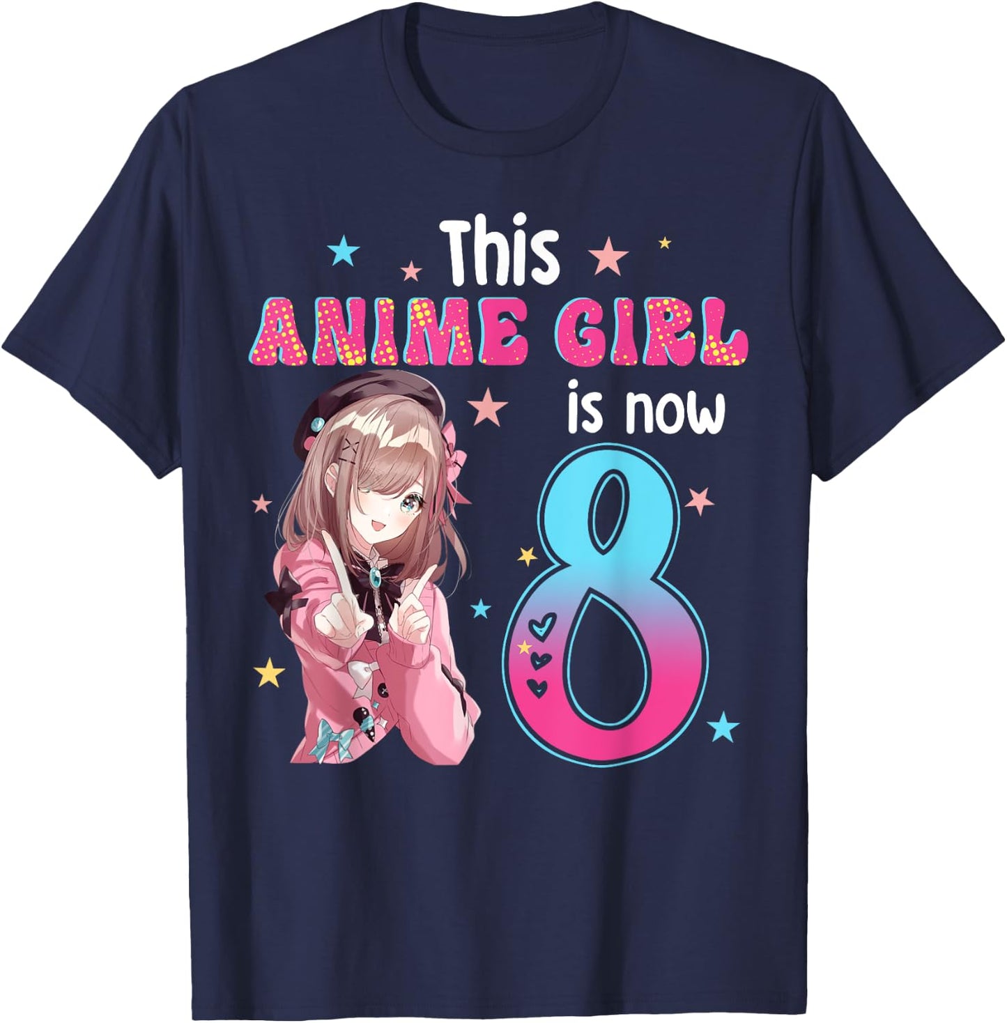 8 Years Old Girl Kawaii Gifts Anime Girl 8th Birthday Kids T-Shirt - T-Shirt | Navy