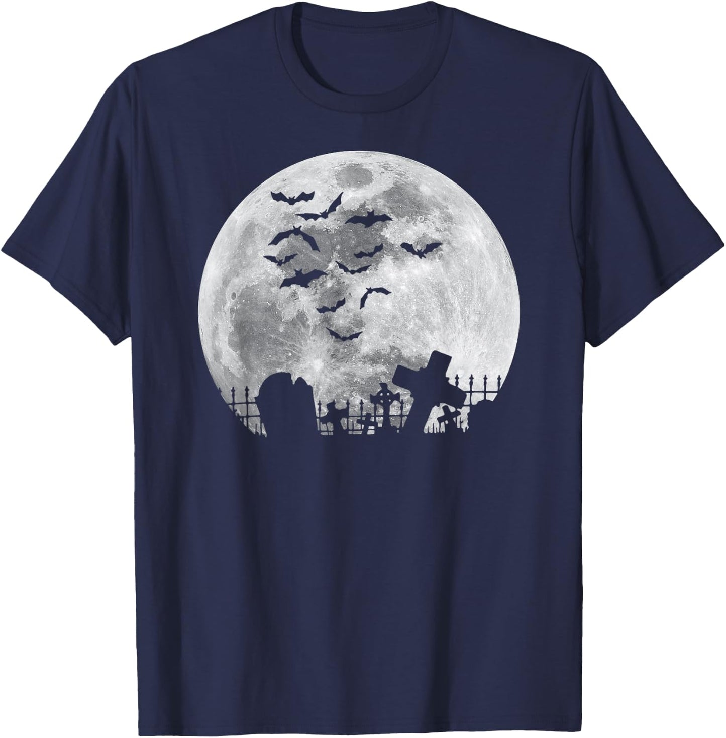 Halloween Full Moon Cemetery Graveyard Spooky Bats Night T-Shirt - T-Shirt | Navy