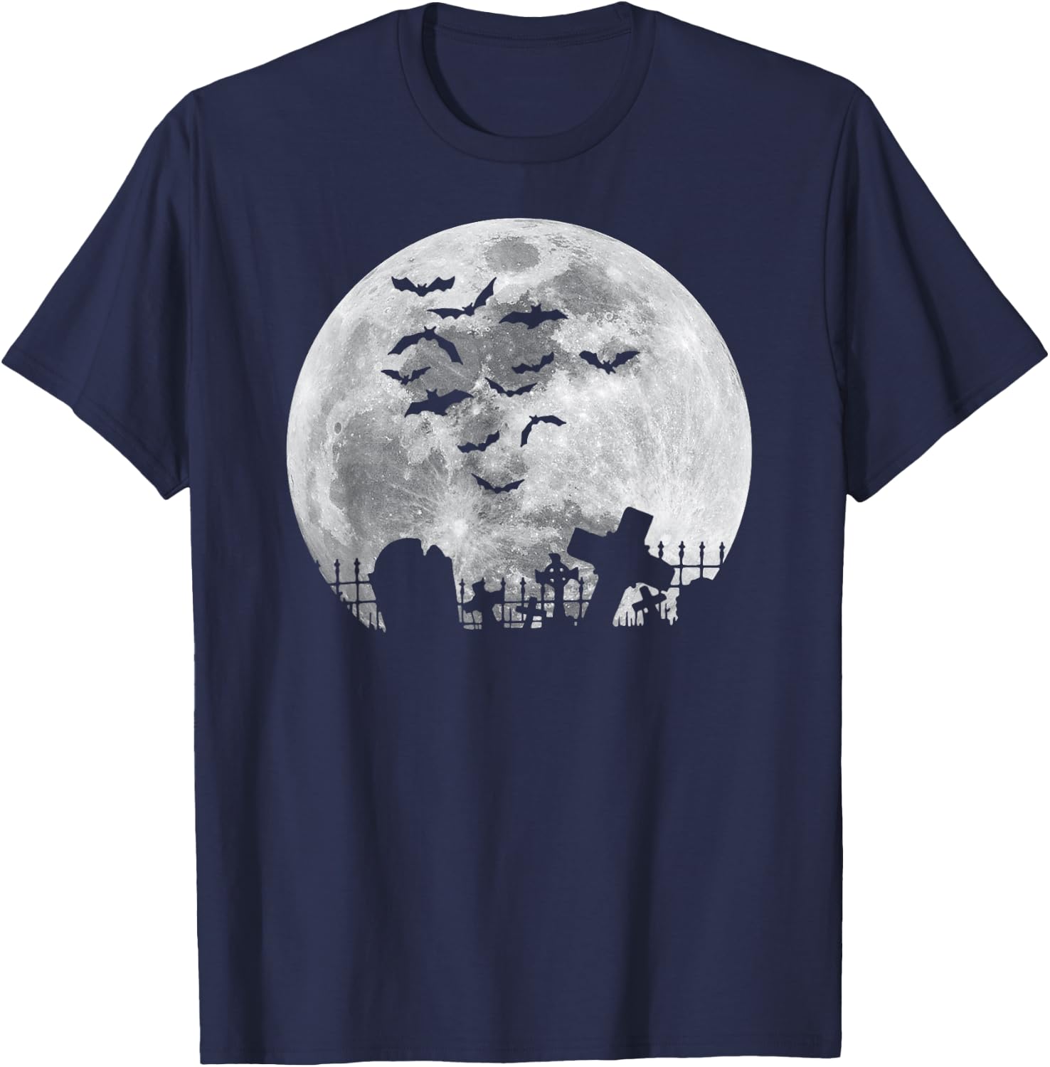Halloween Full Moon Cemetery Graveyard Spooky Bats Night T-Shirt - T-Shirt | Navy