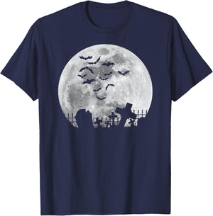 Halloween Full Moon Cemetery Graveyard Spooky Bats Night T-Shirt - T-Shirt | Navy