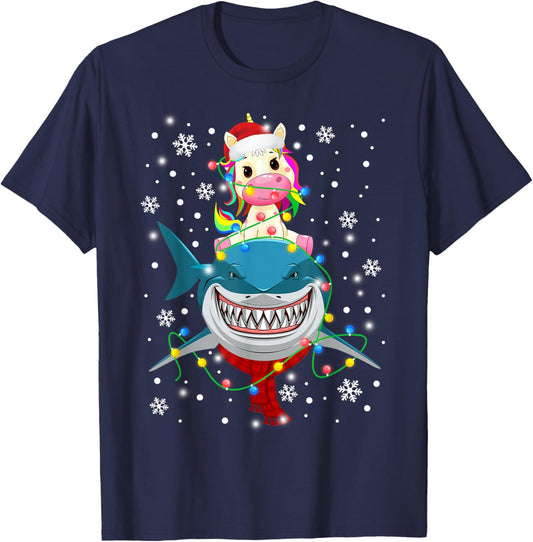 Unicorn Riding Shark Christmas Lights Gift Kids Boy Girl T-Shirt - T-Shirt | Navy