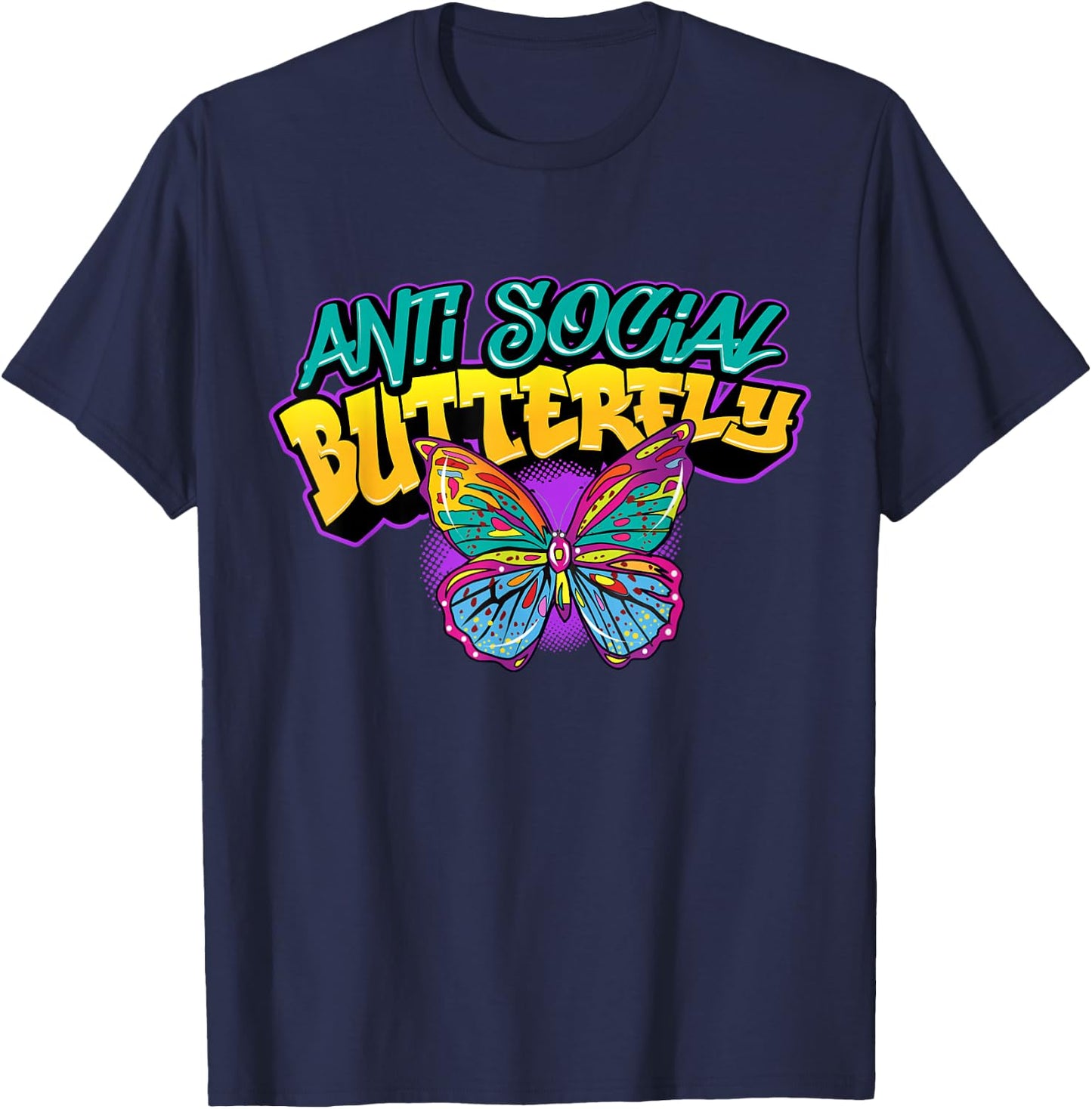 Retro Graffiti Art Colorful Antisocial Butterfly Introvert T-Shirt - T-Shirt | Navy