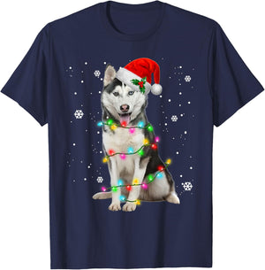 Husky Dog Santa Hat Christmas Tree Xmas Gifts For Dogs Lover Women Kids T-Shirt - T-Shirt | Navy