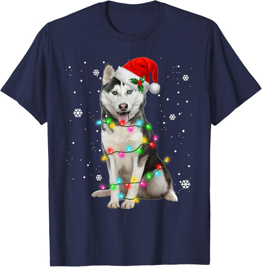 Husky Dog Santa Hat Christmas Tree Xmas Gifts For Dogs Lover Women Kids T-Shirt - T-Shirt | Navy