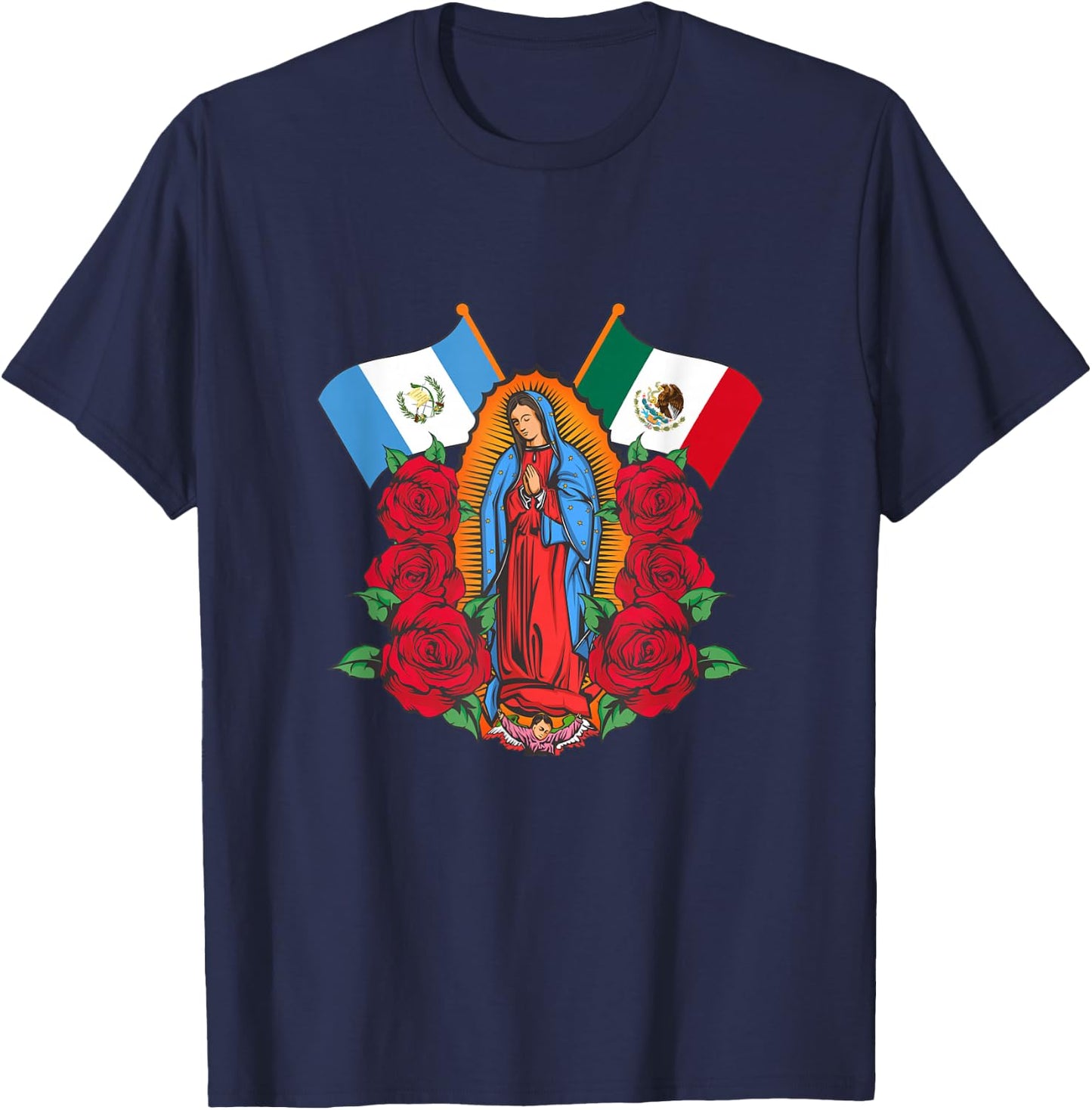 Virgen de Guadalupe con bandera de Guatemala y México T-Shirt - T-Shirt | Navy