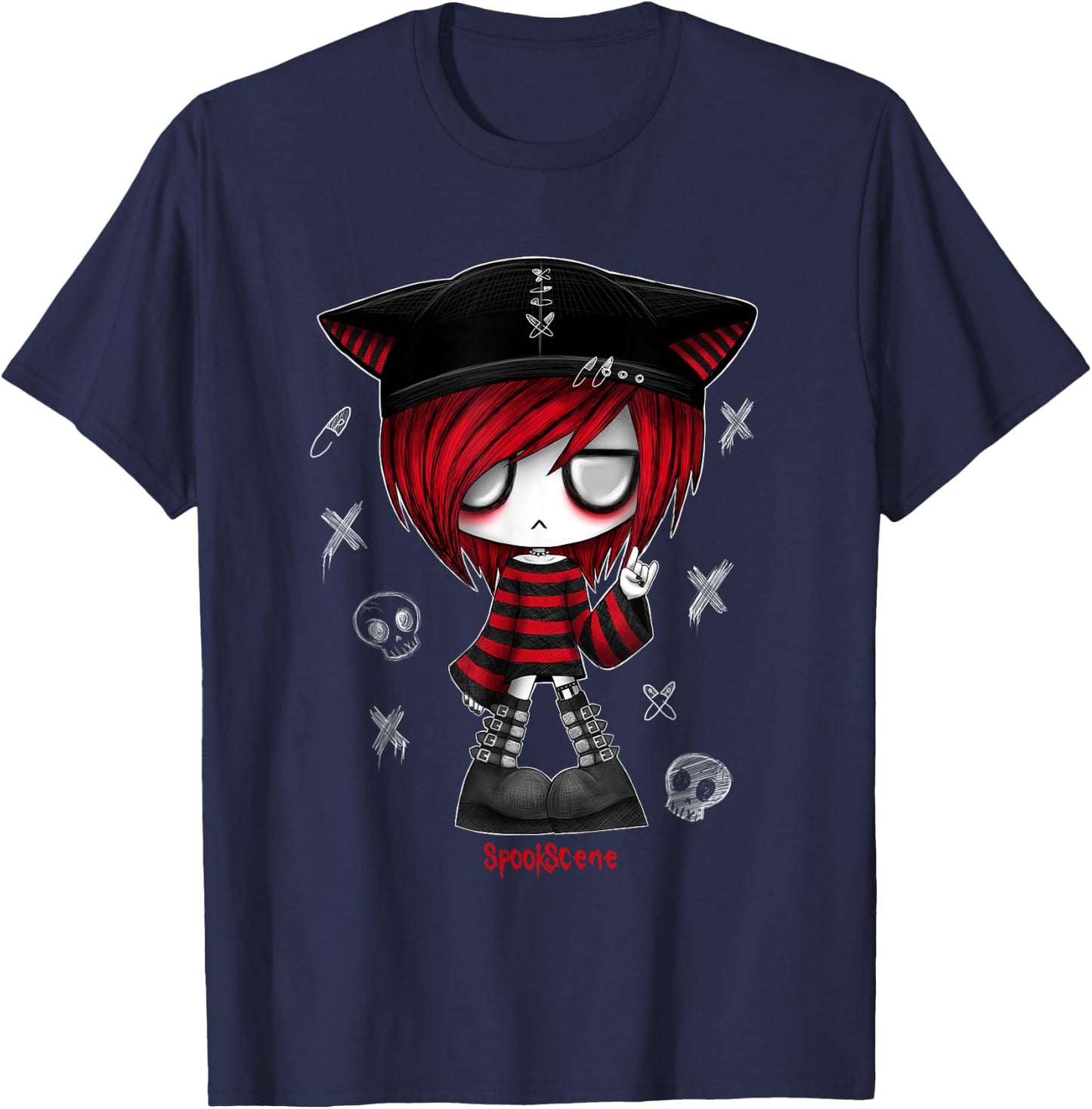 Spookscene Edgy Kitty Hat Scene Kid Emo Alt Goth Red T-Shirt - T-Shirt | Navy