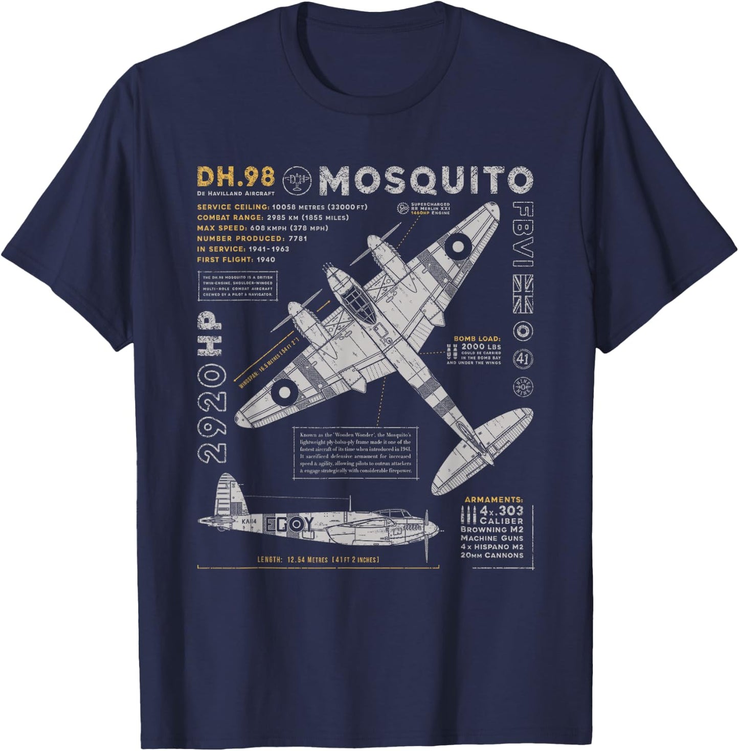 de Havilland Mosquito Fighter Bomber | British WW2 RAF DH.98 T-Shirt - T-Shirt | Navy