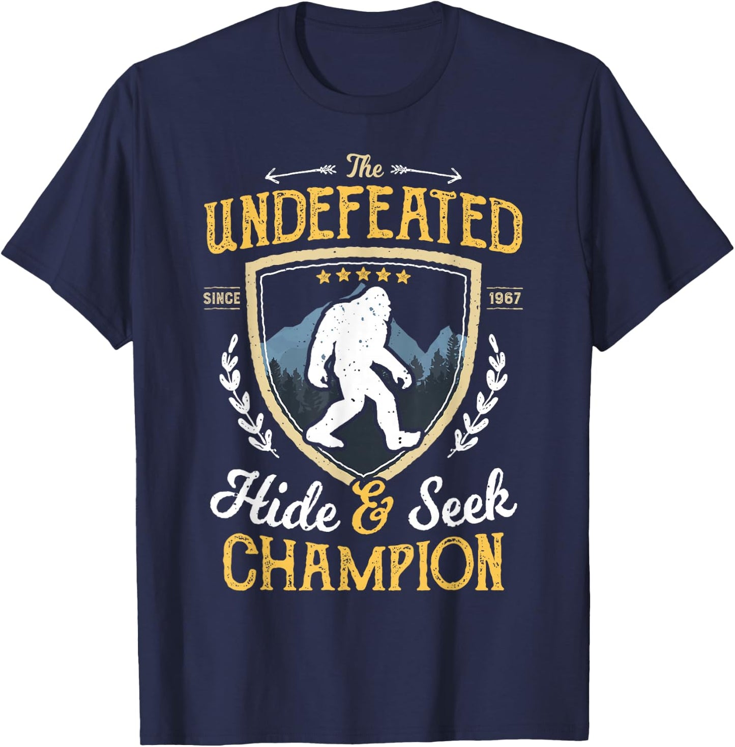 Bigfoot Hide and Seek Champion Funny Sasquatch Retro Vintage T-Shirt - T-Shirt | Navy