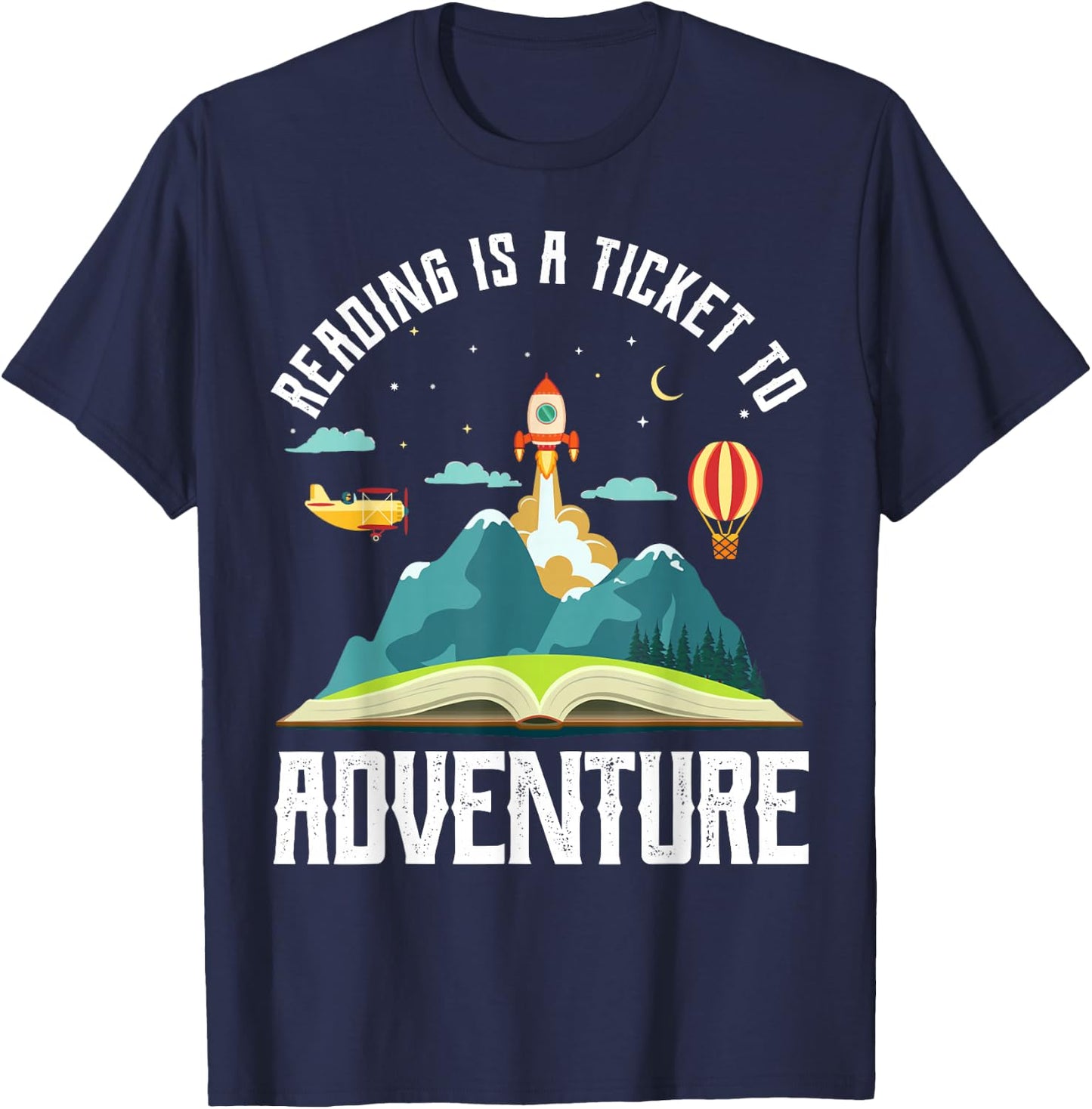 Reading Is A Ticket To Adventure Bookworms Space Rocket T-Shirt - T-Shirt | Navy