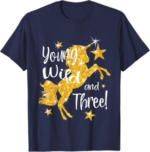 Young Wild and Three: 3 Year Old Unicorn Birthday Shirt Gift T-Shirt - T-Shirt | Navy