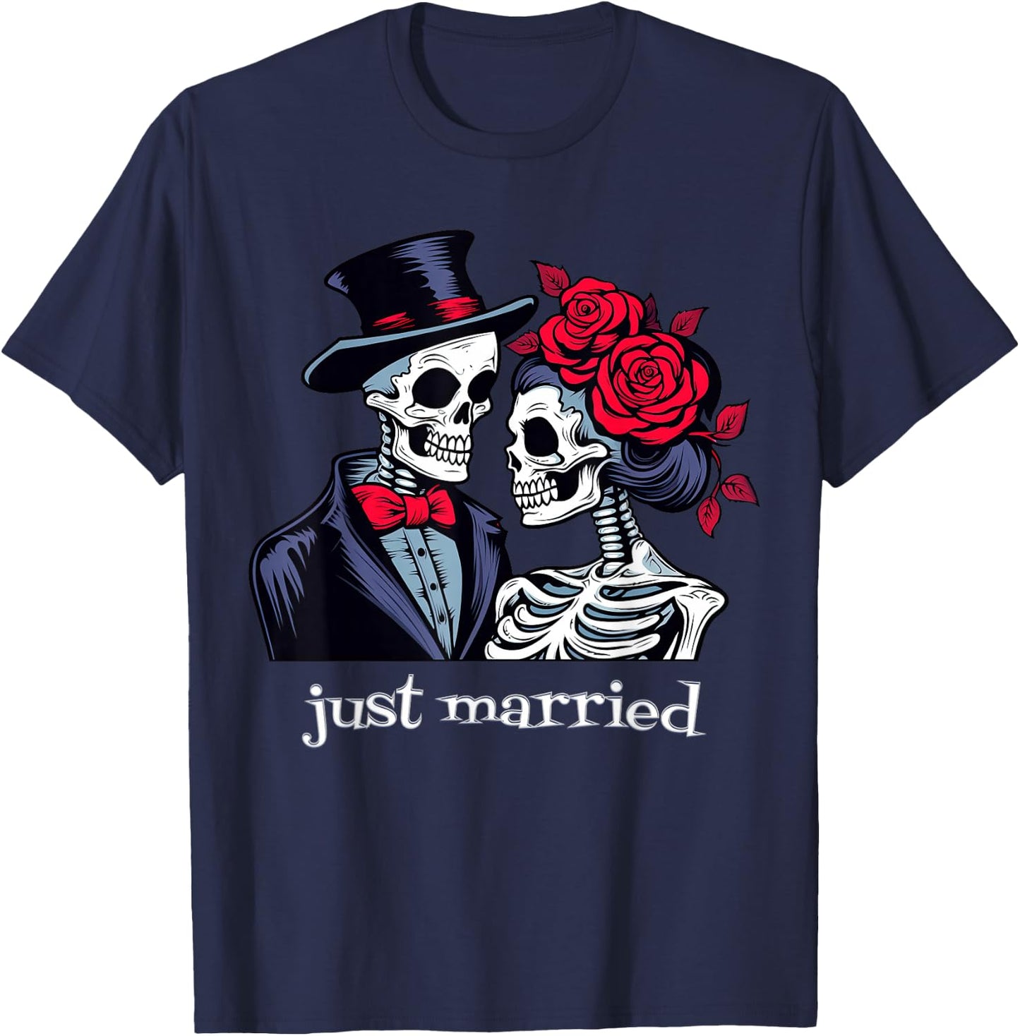 Roses Skeleton Bride & Groom, Just Married Elope Halloween T-Shirt - T-Shirt | Navy