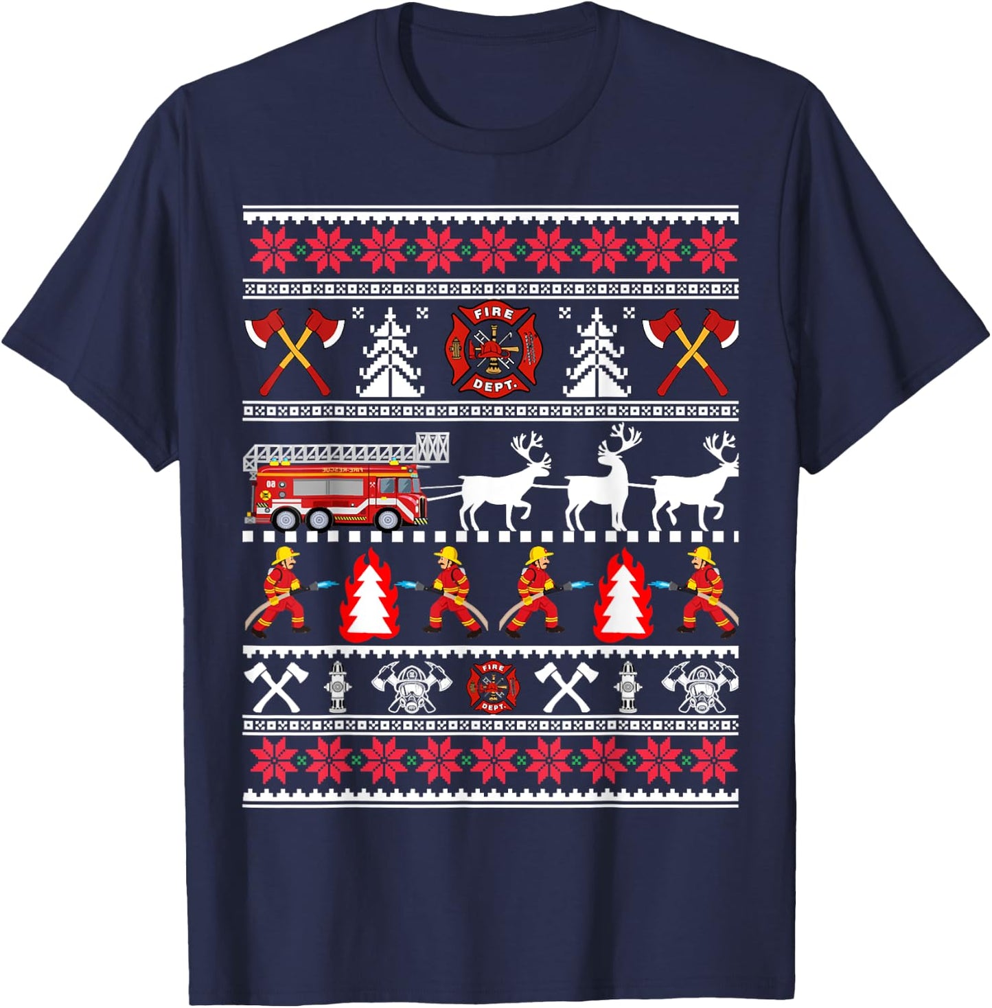 Firefighter Ugly Christmas Sweater, Fireman Fire Department T-Shirt - T-Shirt | Navy
