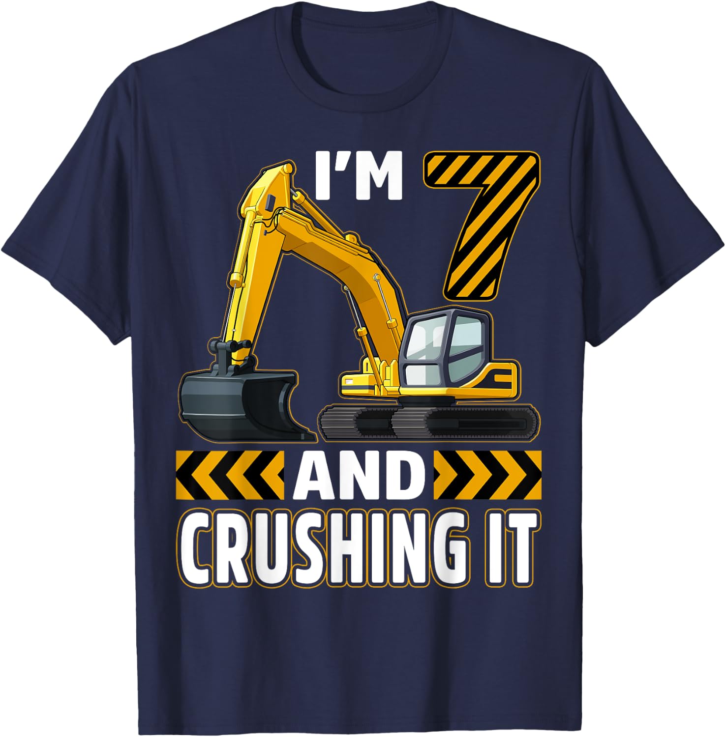 7 Year Old Construction Truck Excavator Birthday 7th B-day T-Shirt - T-Shirt | Navy