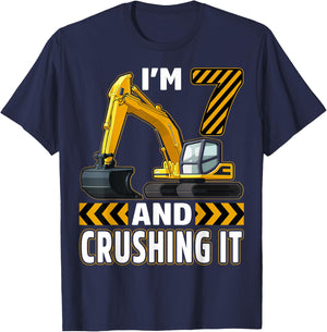 7 Year Old Construction Truck Excavator Birthday 7th B-day T-Shirt - T-Shirt | Navy