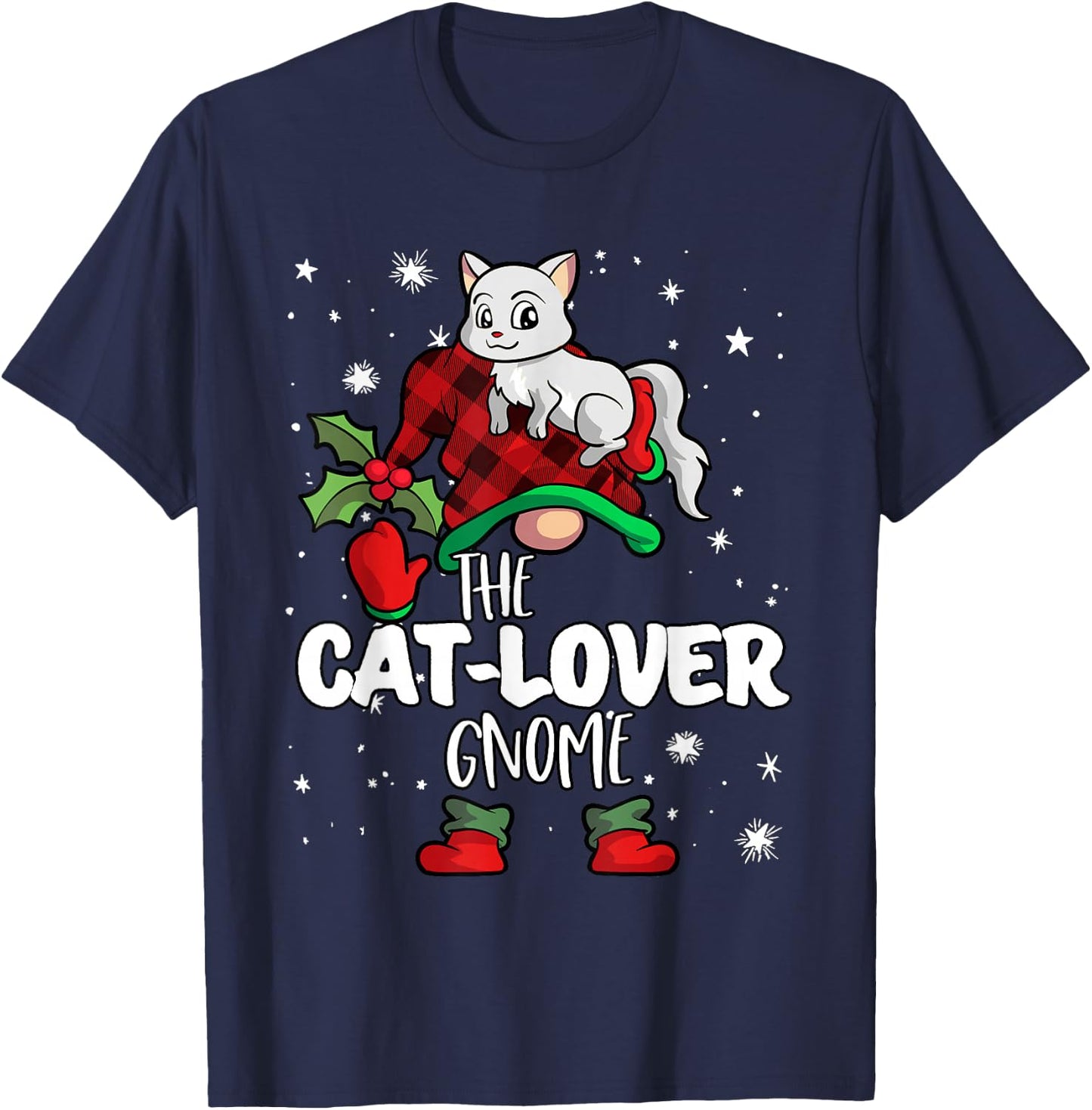 Cat Lover Gnome Red Buffalo Plaid Matching Family Christmas T-Shirt - T-Shirt | Navy