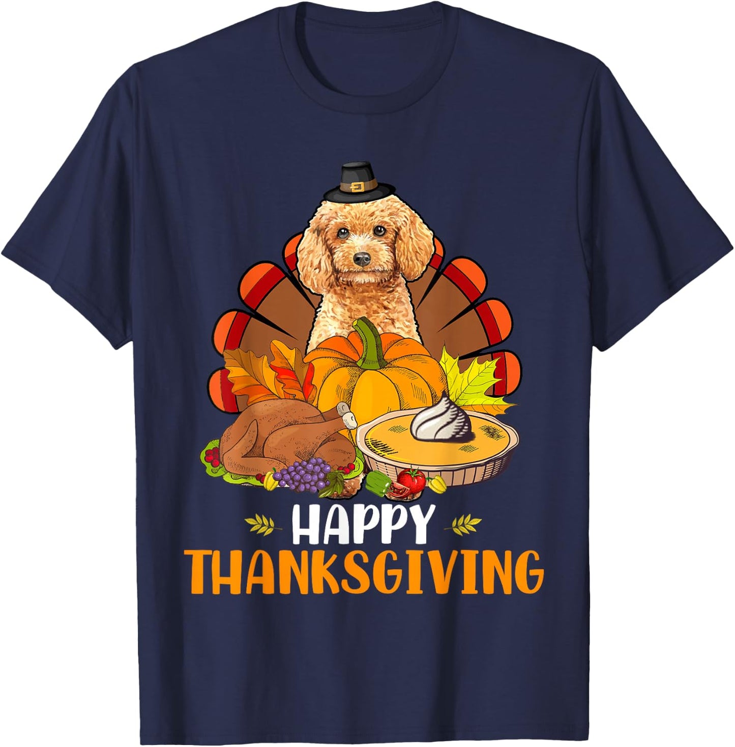 Thanksgiving Turkey Poodle Dog Eating Dinner Family Lover T-Shirt - T-Shirt | Navy