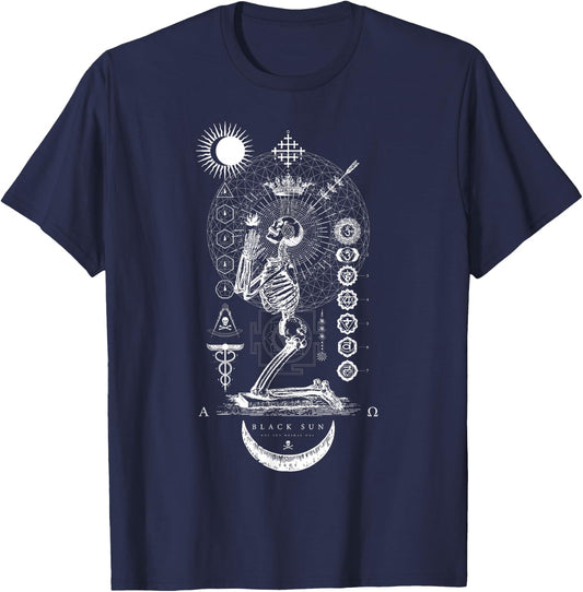 Black Sun Praying Skeleton - Occult Sacred Geometry T-Shirt - T-Shirt | Navy