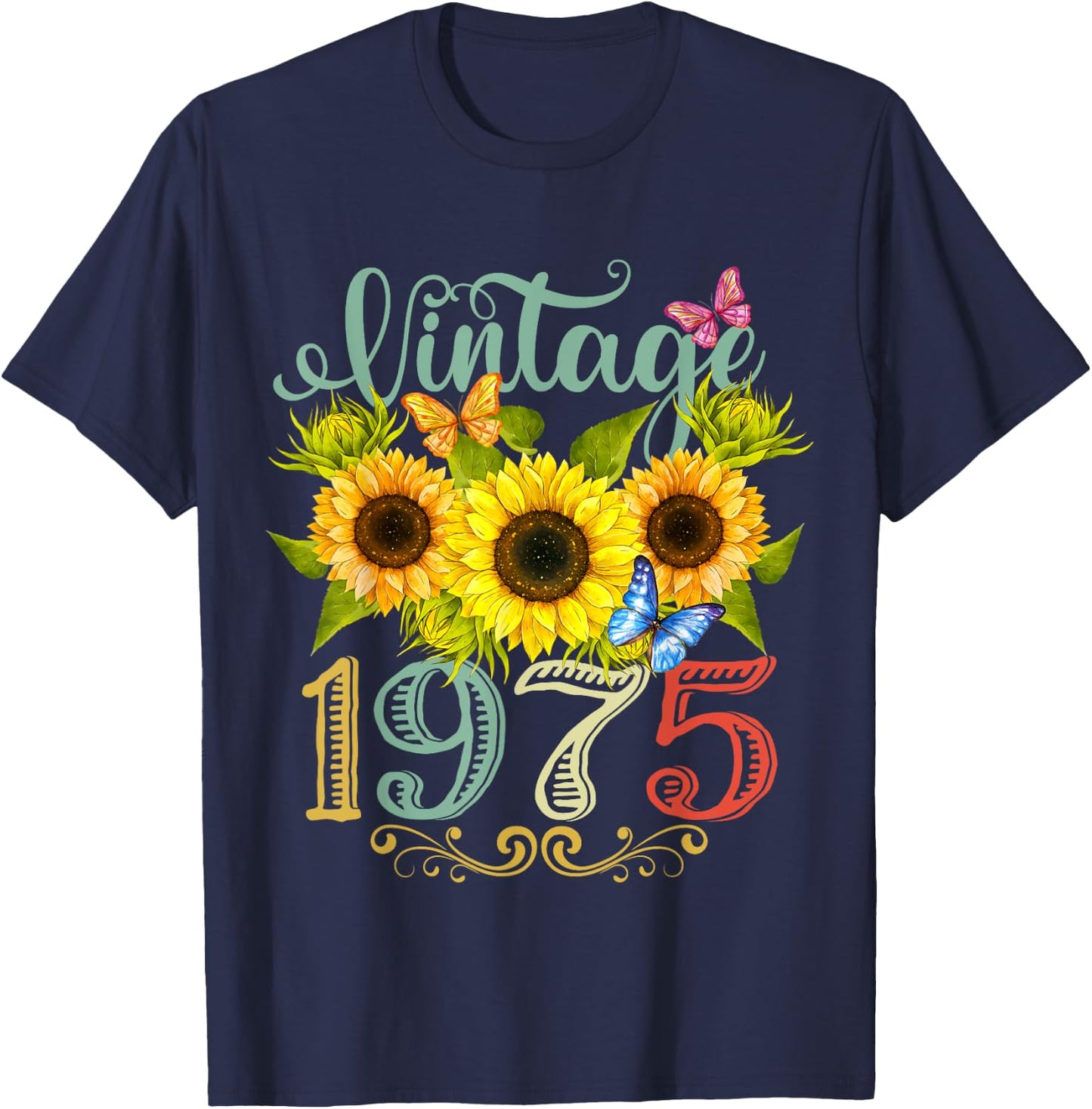 Sunflower Floral Butterfly Vintage 1975 Funny 50th Birthday T-Shirt - T-Shirt | Navy