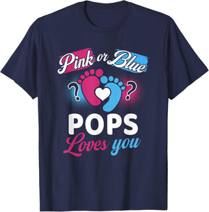 Pink Or Blue Pops Loves You Baby Gender Reveal Party T-Shirt - T-Shirt | Navy