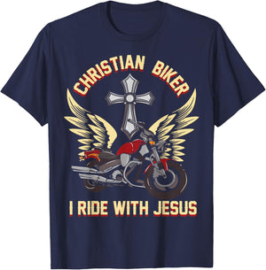 I Ride With Jesus I Christian Cross Biker I Motorcycle T-Shirt - T-Shirt | Navy