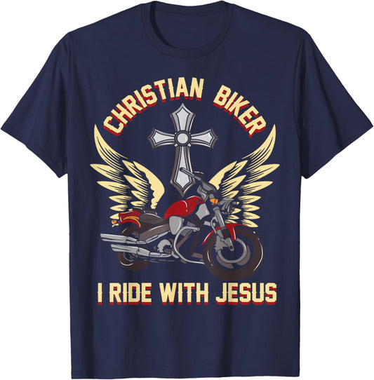 I Ride With Jesus I Christian Cross Biker I Motorcycle T-Shirt - T-Shirt | Navy
