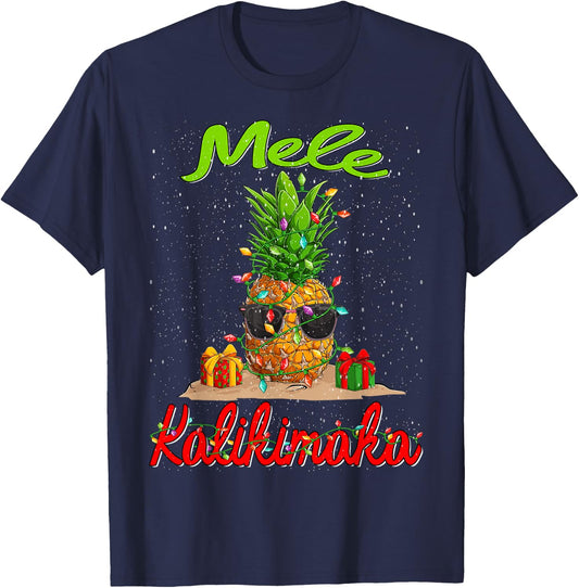 Mele Kalikimaka Christmas Pineapple Shaka Hawaii T-Shirt - T-Shirt | Navy