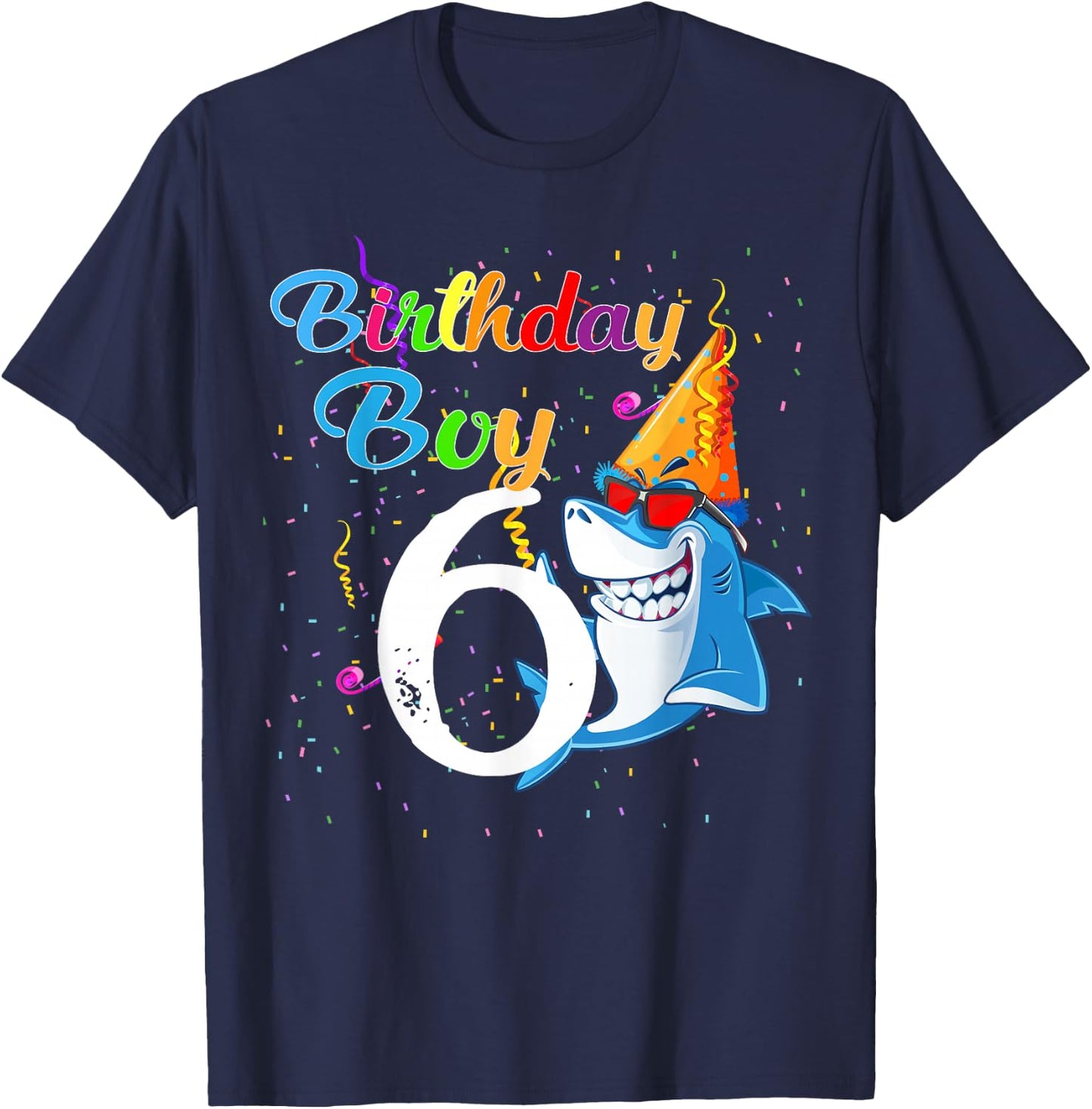 6th Birthday Boy Shark - 6 Year Old Boy Birthday T-Shirt - T-Shirt | Navy