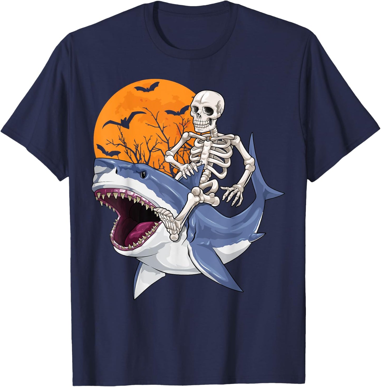 Skeleton Riding Shark Funny Halloween Costume Boys Kids T-Shirt - T-Shirt | Navy