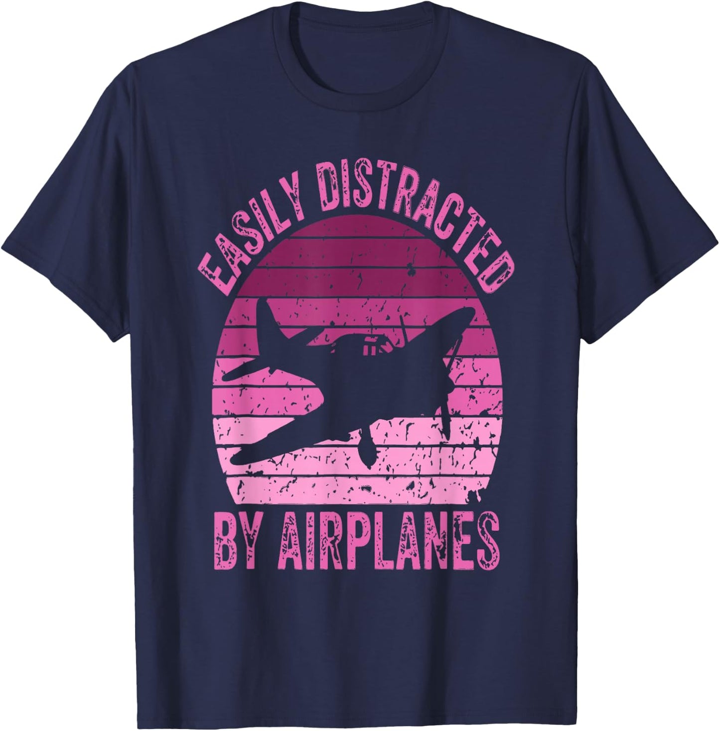 Easily Distracted By Airplanes Funny Pilot Aviation Women T-Shirt - T-Shirt | Navy