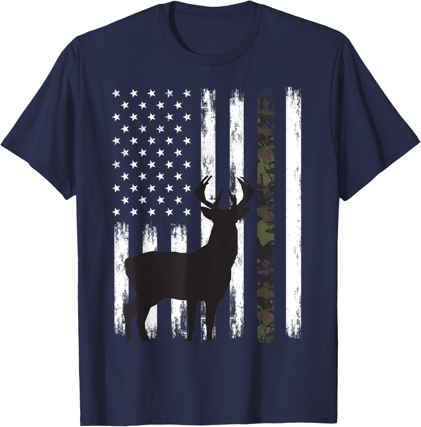 Whitetail Deer Hunting Hunter Buck Camo American Flag USA T-Shirt - T-Shirt | Navy