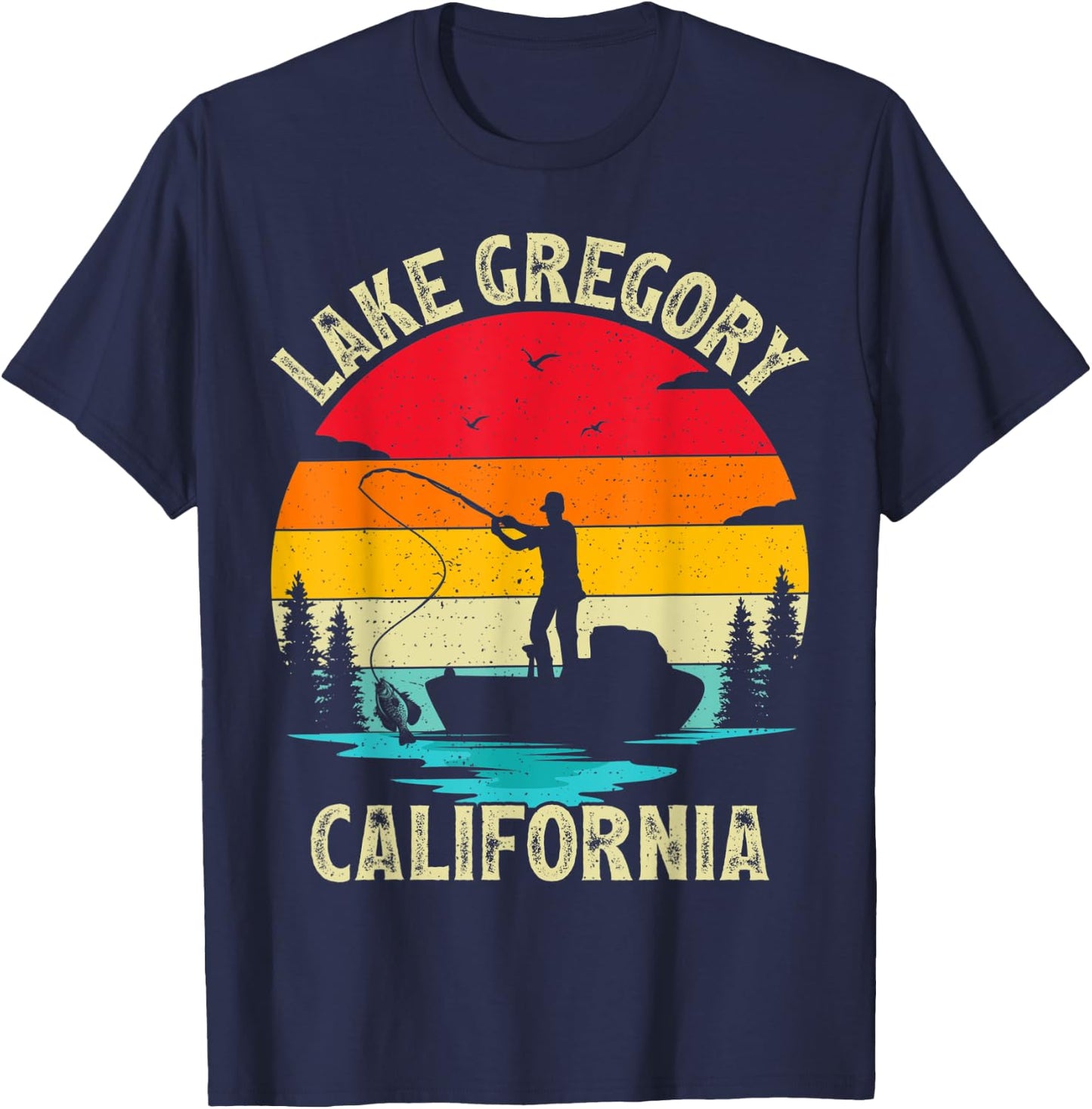 Summer Vacation Fishing Vintage California Gregory Lake Men Women Kids T-Shirt - T-Shirt | Navy