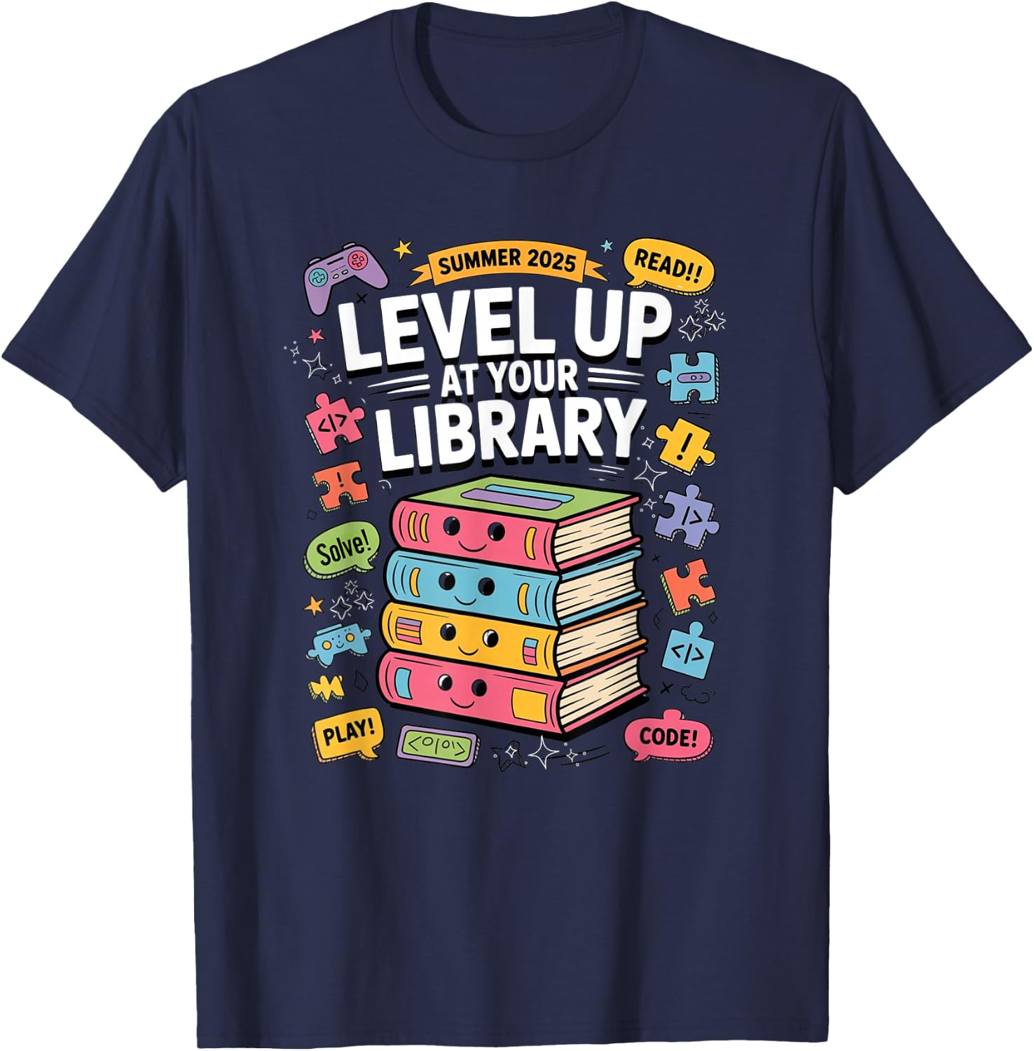 Level up at your Library Challenge Summer 2025 Read Code T-Shirt - T-Shirt | Navy