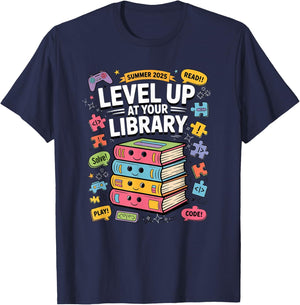 Level up at your Library Challenge Summer 2025 Read Code T-Shirt - T-Shirt | Navy