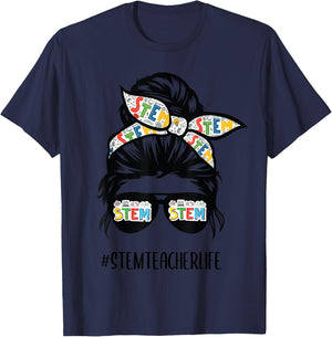STEM Teacher Messy Bun Life Hair Glasses Back to School T-Shirt - T-Shirt | Navy