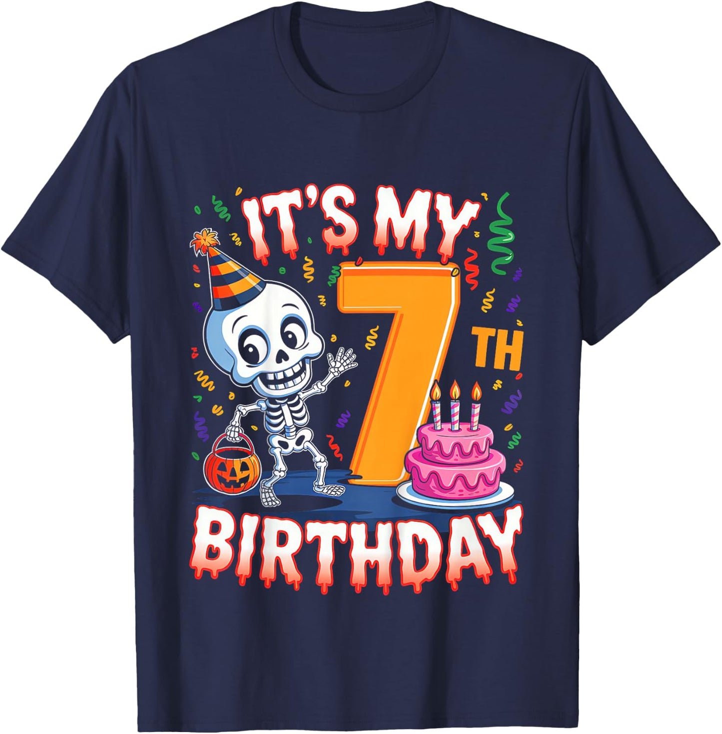 Kids Boo It's My 7th Birthday Halloween Skeleton 7 Years Old T-Shirt - T-Shirt | Navy