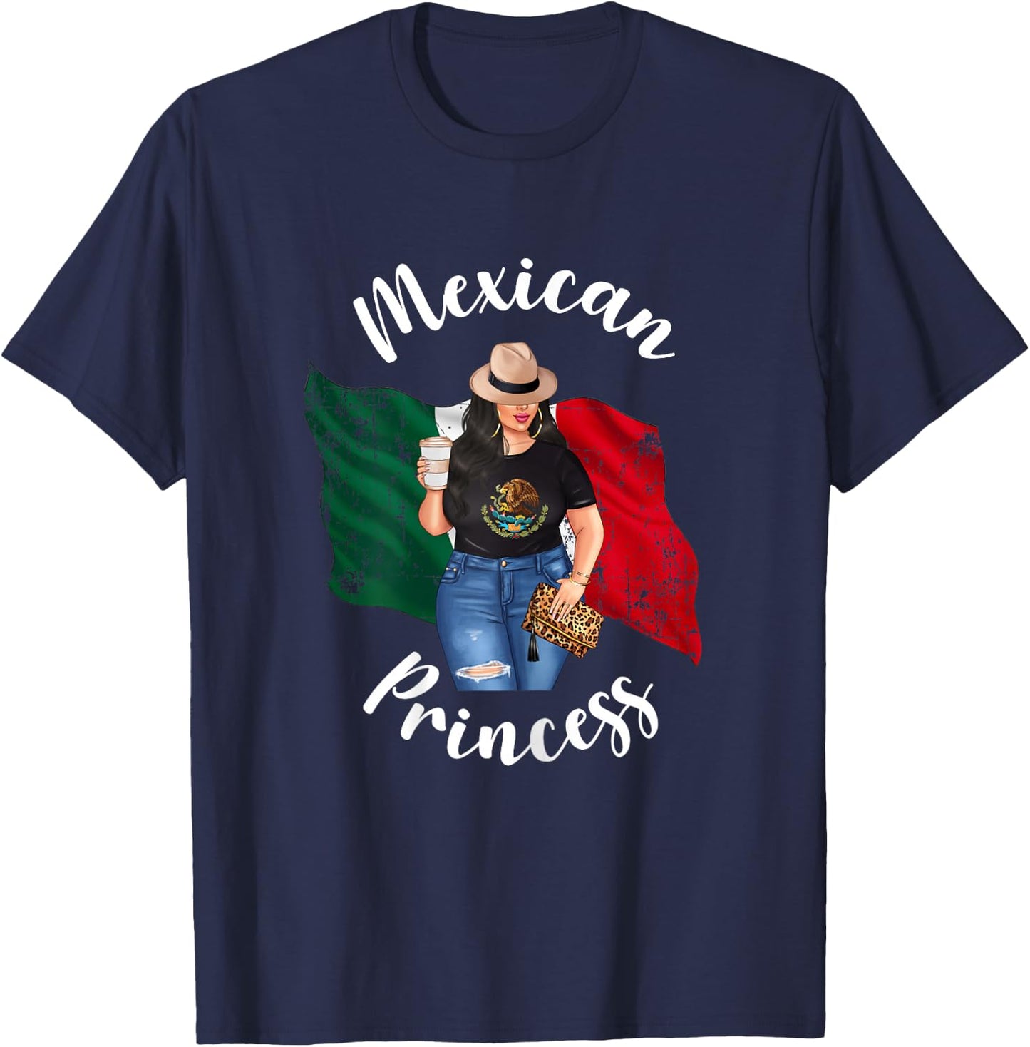 Pretty Mexican Princess Mexico Flag Patriotic Loves Coffee T-Shirt - T-Shirt | Navy