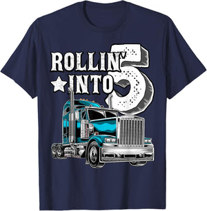 Rollin into 5 Big Rig Semi-Trailer Truck 5th Birthday Gift T-Shirt - T-Shirt | Navy