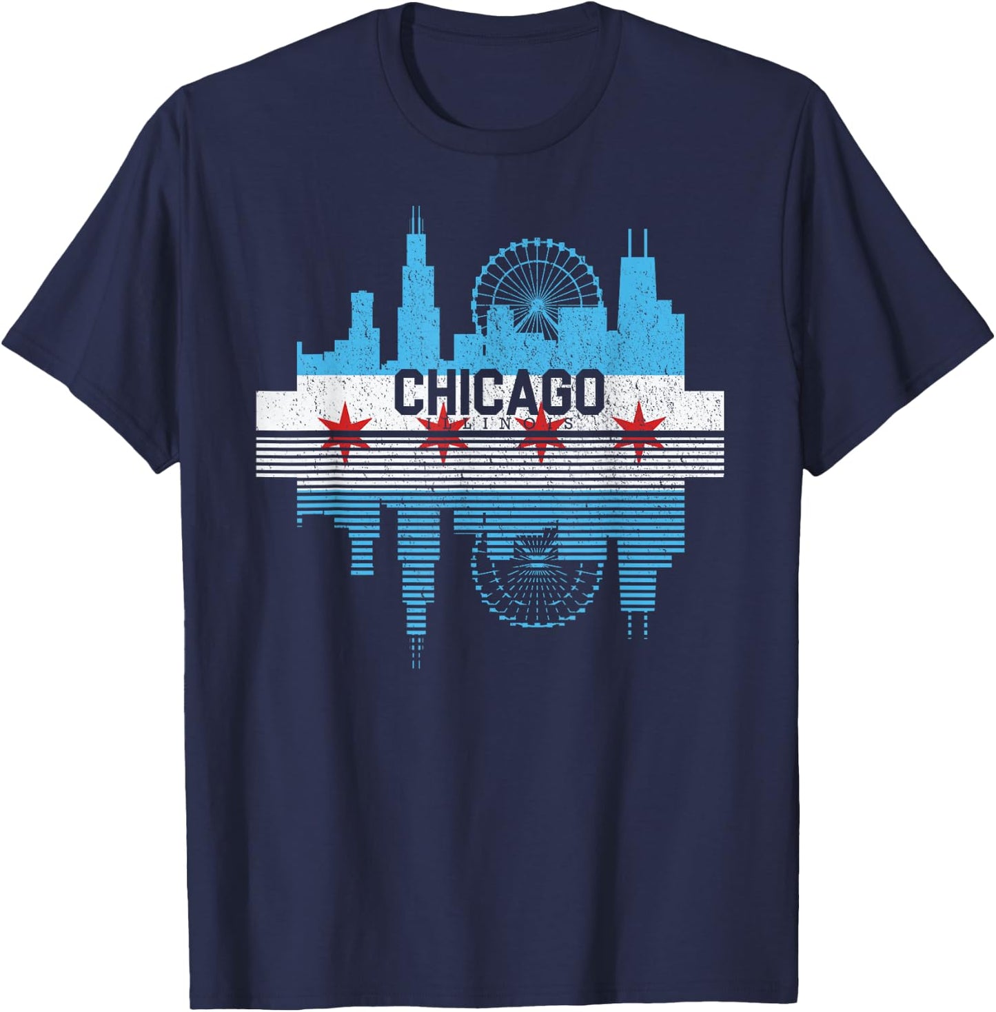 Vintage Chicago Illinois Flag Skyline Men Women T-Shirt - T-Shirt | Navy