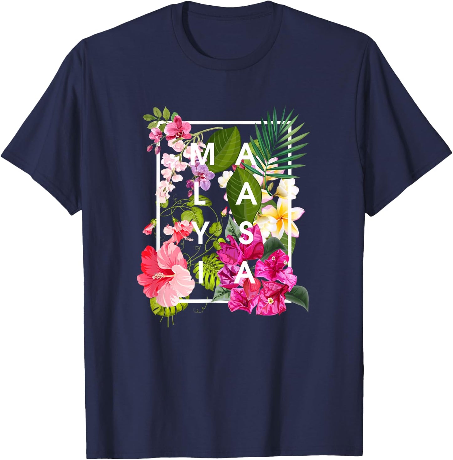 Flowers of Malaysia Word Art - Malaysian Pride T-Shirt - T-Shirt | Navy