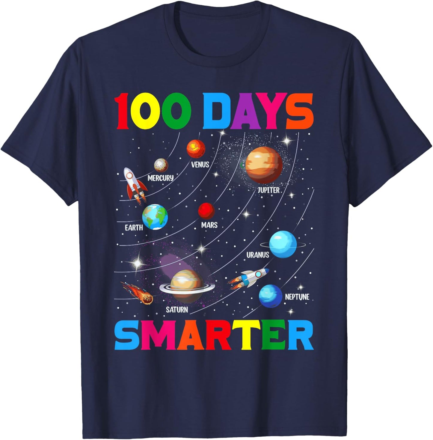 Funny 100 Days Smarter Planets Happy 100 Days Of School Kids T-Shirt - T-Shirt | Navy
