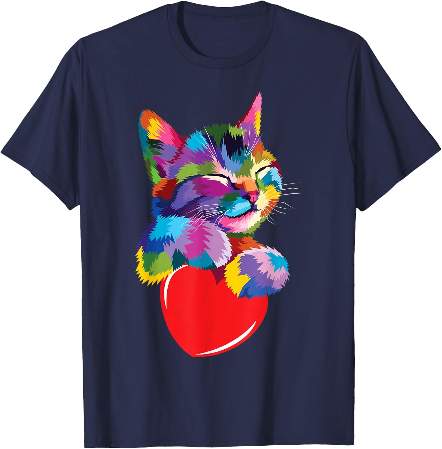 Color Critters Rainbow Cute Cat Hugging Valentine Heart Kitty Love Cat Adult Multicolor Cotton 65% Polyester 35% Short Sleeve T-Shirt - T-Shirt | Navy