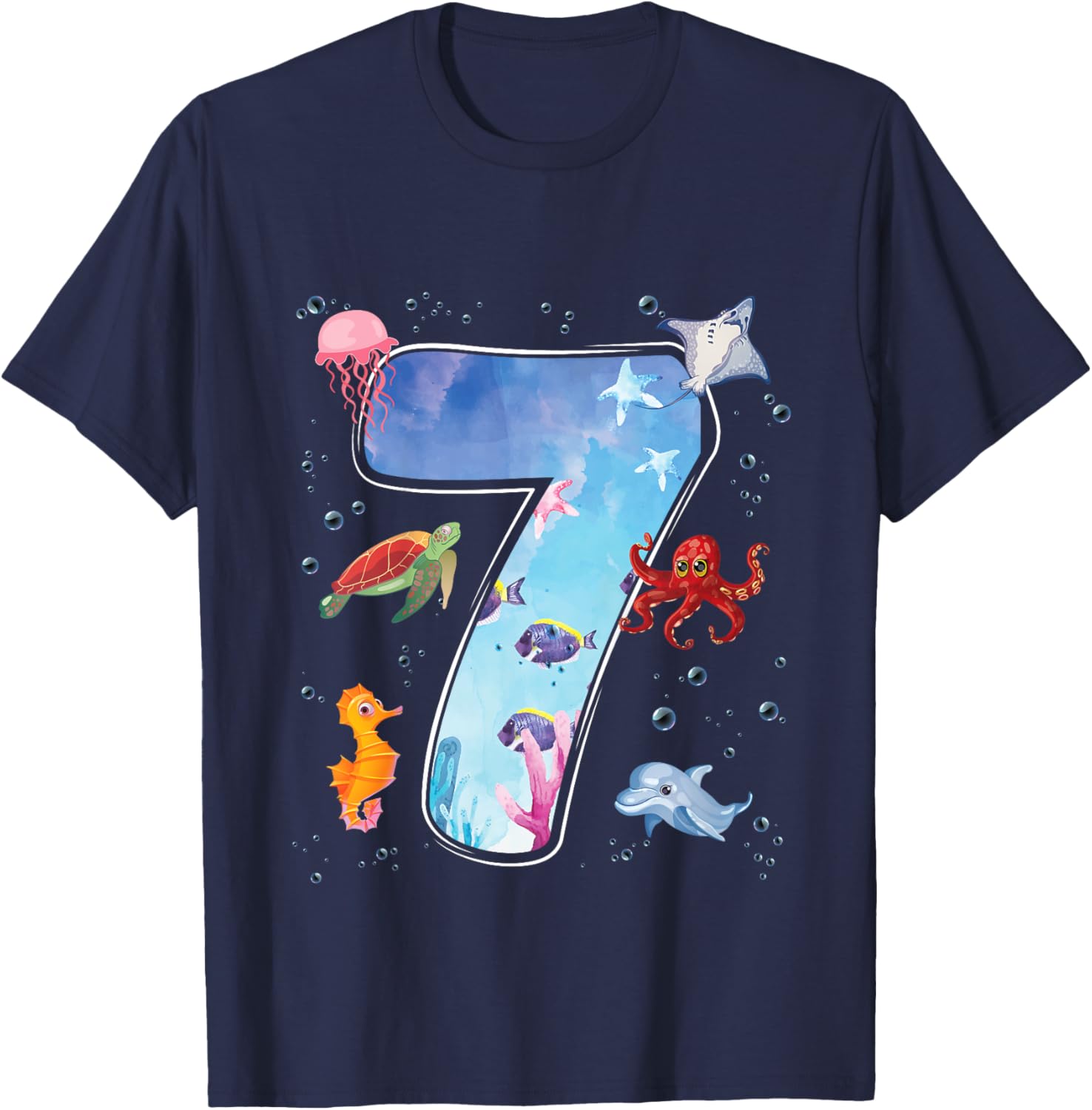 Kids 7th Birthday Party Ocean 7 Year Old Sea Fish Aquarium Boy T-Shirt - T-Shirt | Navy