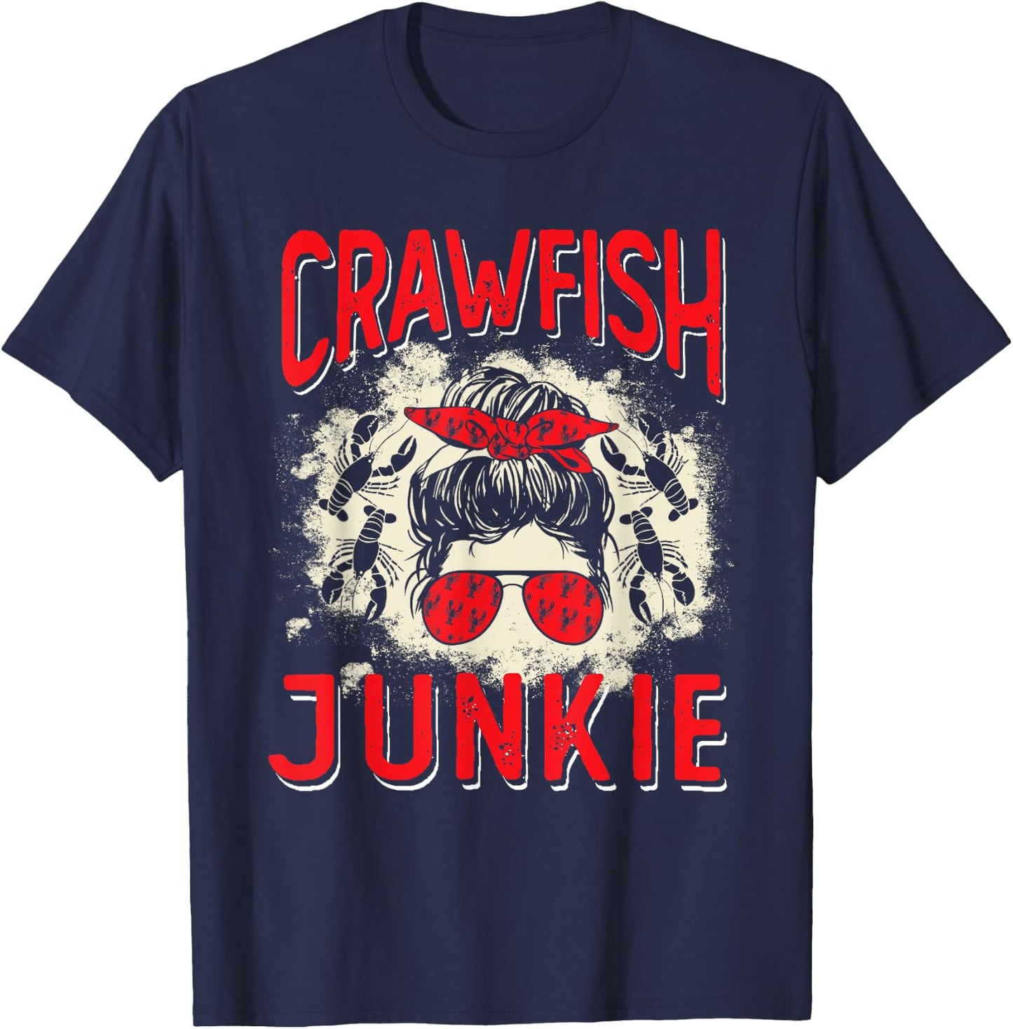 Bleached Crawfish Junkie Women Messy Bun Funny Crawfish Boil T-Shirt - T-Shirt | Navy