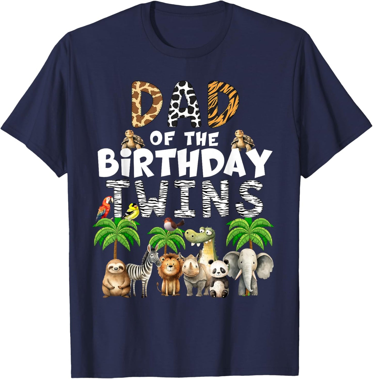 Dad Of The Birthday Twins Safari Wild Theme Zoo Animals T-Shirt - T-Shirt | Navy