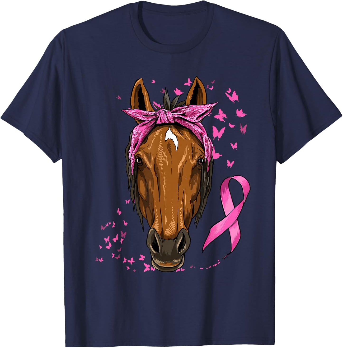 Breast Cancer Awareness Horse Pink Ribbon Cancer Survivor T-Shirt - T-Shirt | Navy
