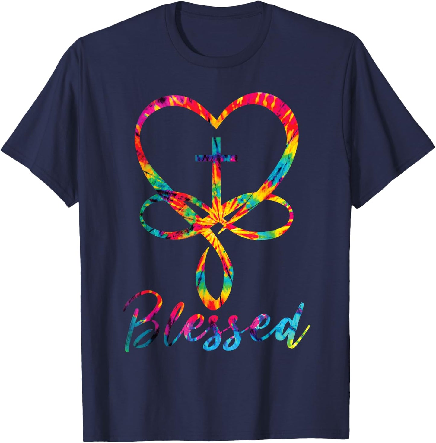 Blessed Tie Dye Christian Heart Jesus Cross Christian Cute T-Shirt - T-Shirt | Navy