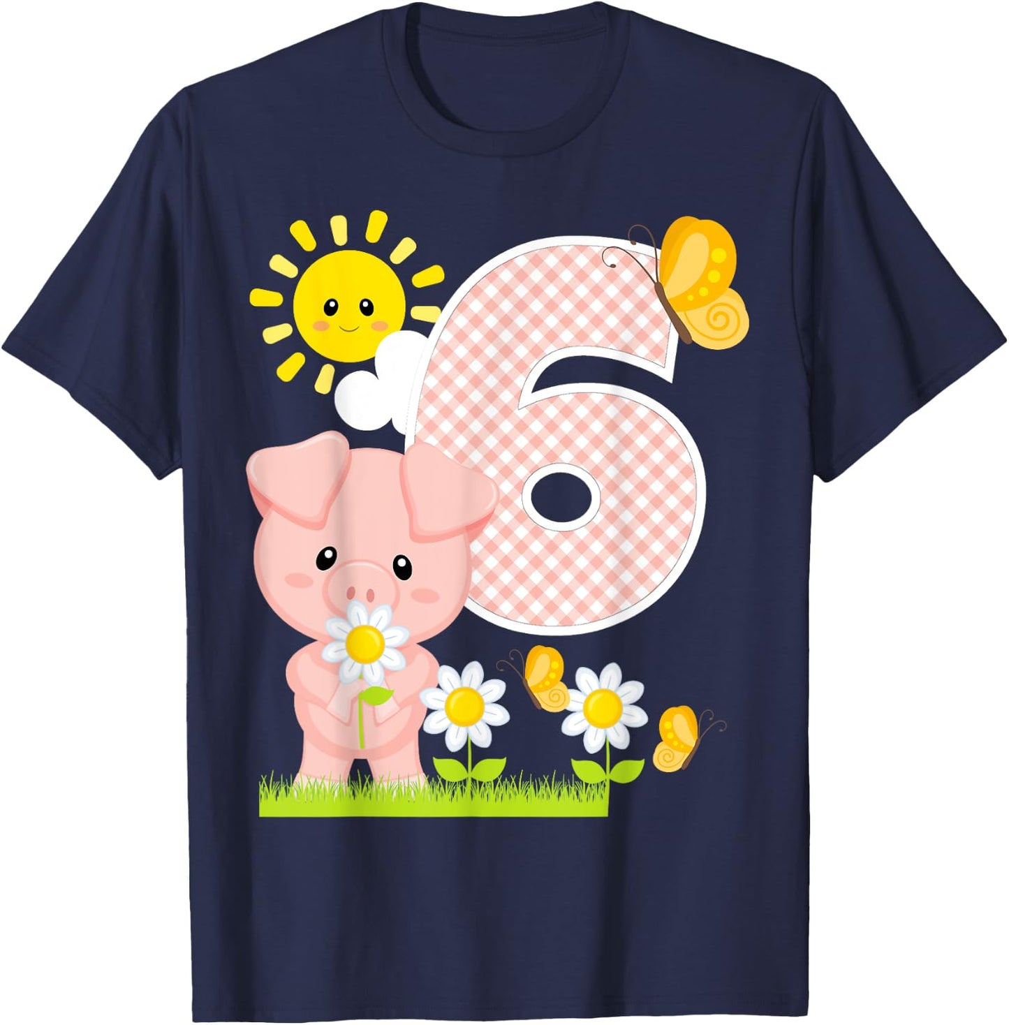 Pig 6th Birthday Girl 6 Year Old Birthday Cute Piglet Bday T-Shirt - T-Shirt | Navy